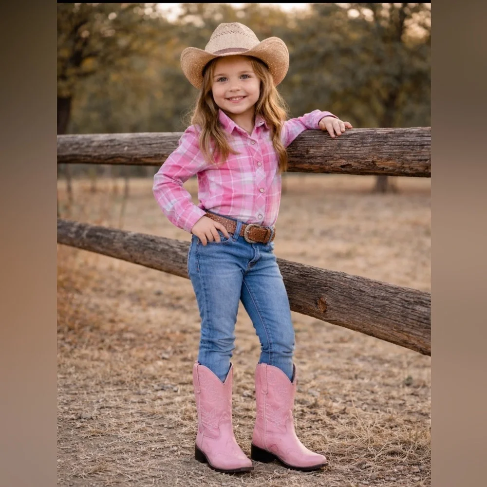 Durango Pink Western Cowboy Boots Kids Size Medium 3.5D Leather Stitch Detail